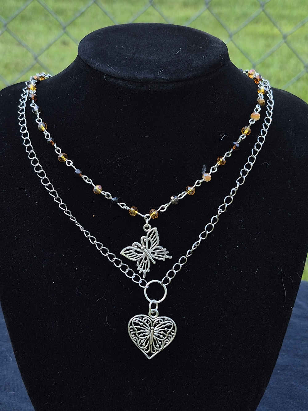 Silver Butterfly & Heart Layered Necklace with Amber Beads